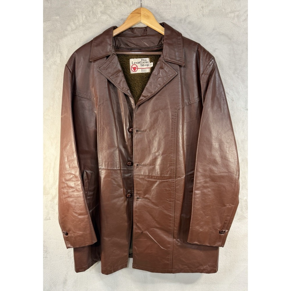 Vtg 70s Sears THE LEATHER SHOP Car Coat Men 44 Tall Brown Faux Fur Zip Out Liner
